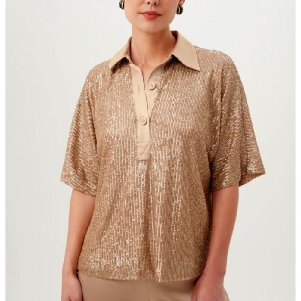Trina Turk 'Aika' Short-Sleeve Sequin Satin-Trimmed Top, Gold